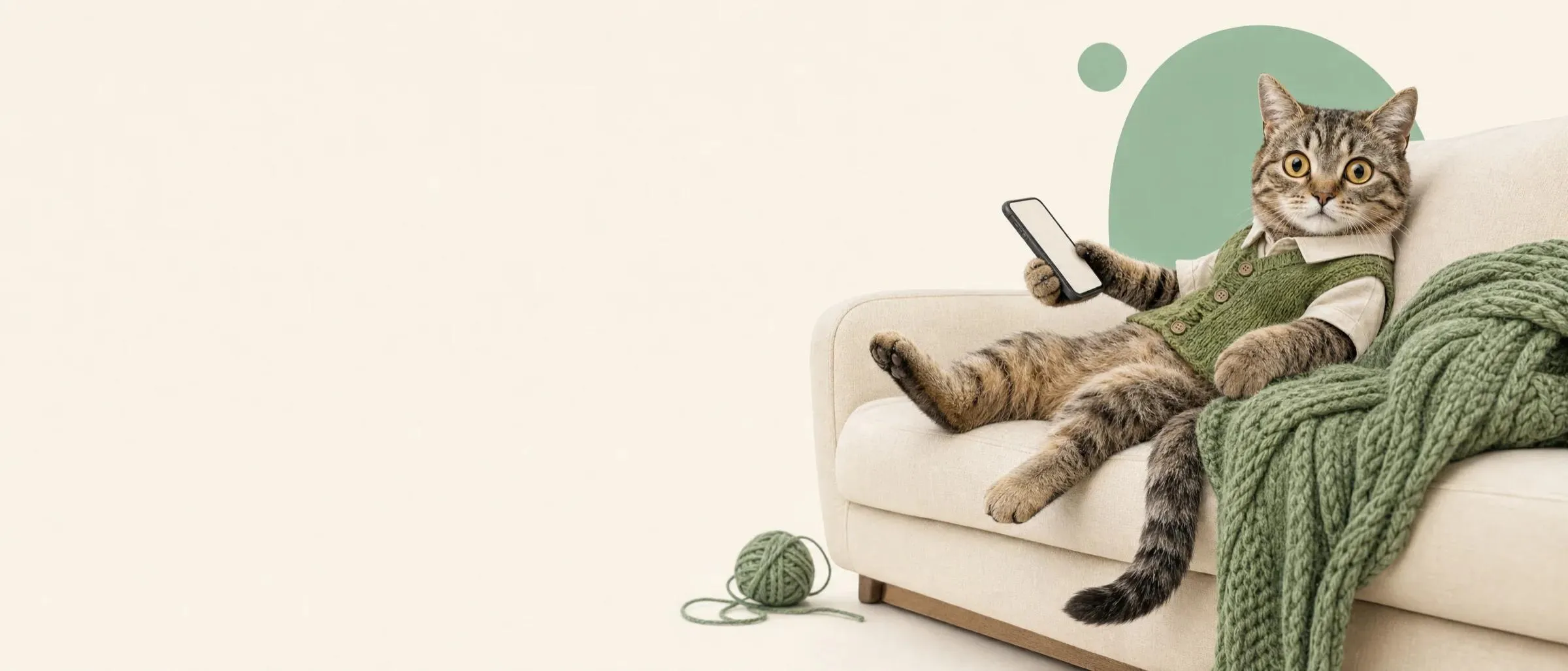 The Knit cat lounging on a sofa with a phone