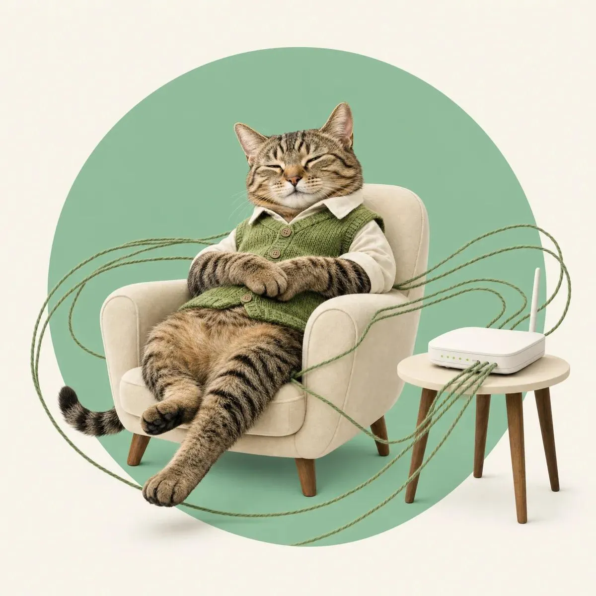 The Knit cat asleep in a chair as yarn streams from a router