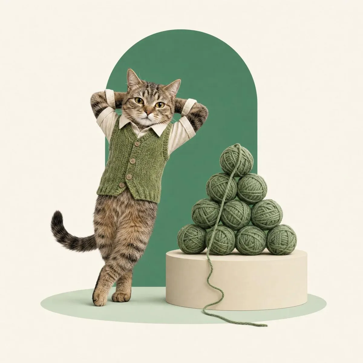 The Knit cat beside a stack of wound yarn