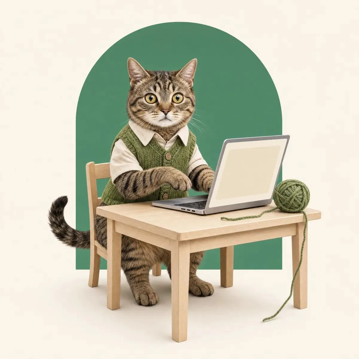 The Knit cat at a desk, one paw on a laptop